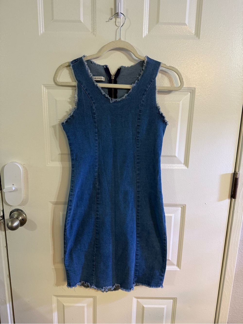 Hot Delicious Denim Mini Dress Womens Large Y2K Bodycon Frayed Raw Hem Zip Back